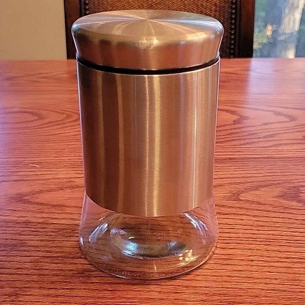 Stainless steel & glass dog biscuit/treat container.  Paw print.  7" x 4.5" - Picture 2 of 7